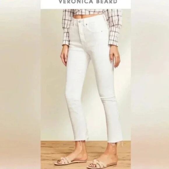 Veronica Beard White Carly Kick Flare High Rise Jeans Raw Hem Stretch Size 27 - Picture 2 of 13